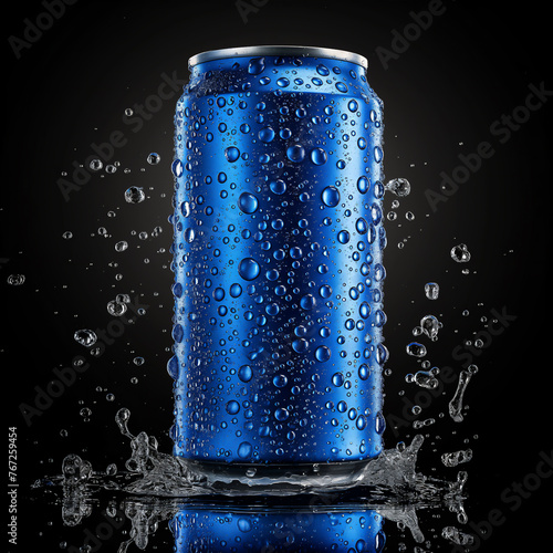 A freezing Carbonated soft drink blue can surrounded with bubbles in black background