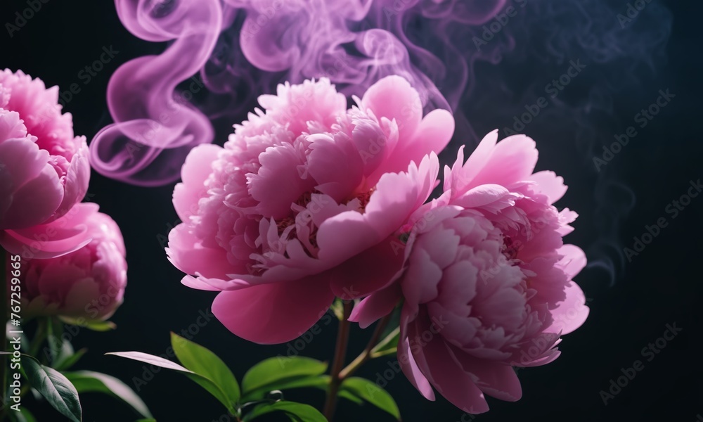 Pink peony flowers with smoke