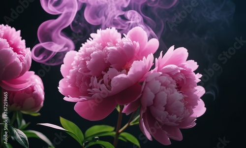 Pink peony flowers with smoke