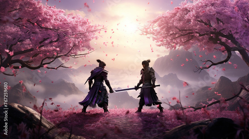 Duel of samurai warriors with swords in the garden of sakura blossom.