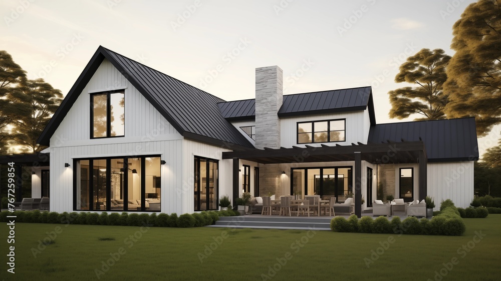 Sleek and linear contemporary farmhouse with black windows vertical siding and open layout.