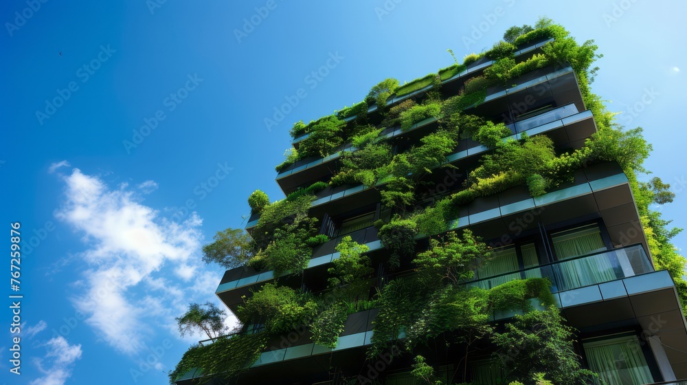 Modern and eco-friendly skyscrapers with many trees on every balcony. Modern architecture, vertical gardens, terraces with plants. Green planet. Blue sky.