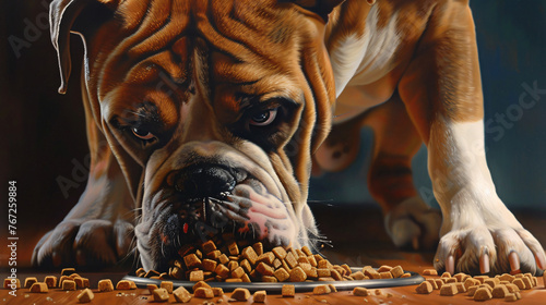 the anticipation of mealtime with a hyperrealistic image of a Bulldog eating kibble