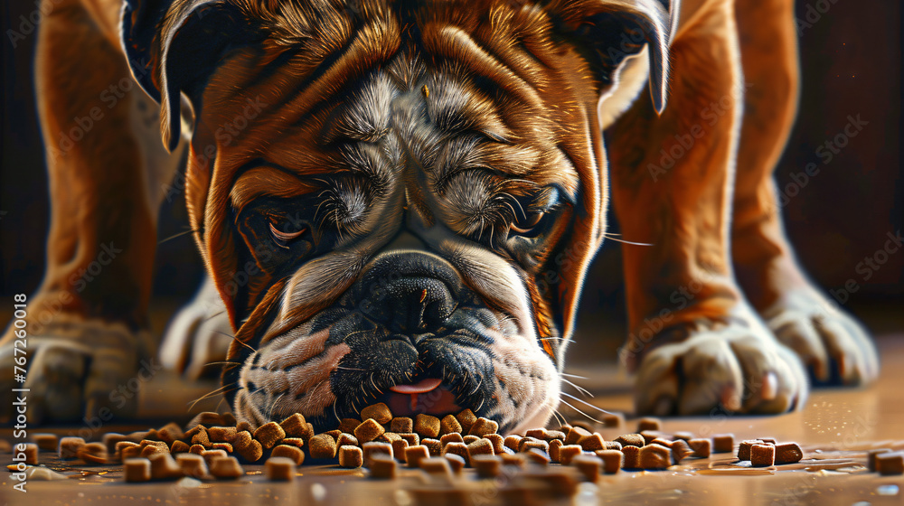 the anticipation of mealtime with a hyperrealistic image of a Bulldog eating kibble