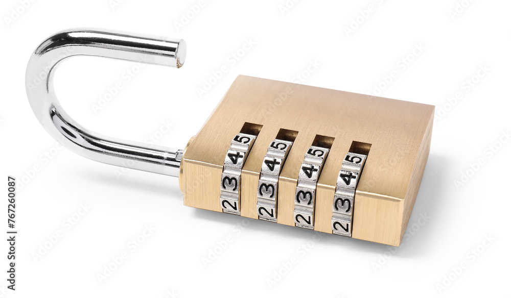 Unlocked steel combination padlock isolated on white Unlocked steel combination padlock isolated on white