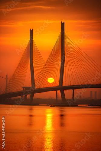 Spectacular Sunset View of Bhumibol Bridge, the Industrial Ring Road Bridge in Thailand photo