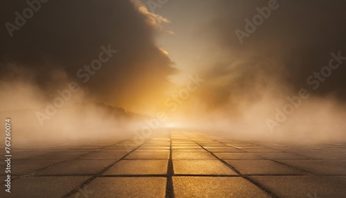3d rendering asphalt octagonal stone floor light orange in a dark empty street with smoke dark background