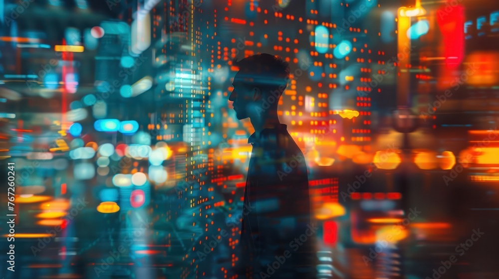 Fototapeta premium Vibrant tapestry of city night person stands at intersection of technology and urban life. Man with glow of smartphone screen illuminates face casting reflective ambiance on surrounding cityscape