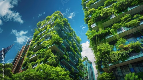 Modern and eco-friendly skyscrapers with many trees on every balcony. Modern architecture, vertical gardens, terraces with plants. Green planet. Blue sky. photo