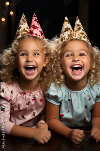 Portrait of two girls happily wearing playful and whimsical party hats.