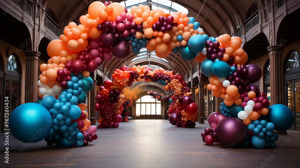 Naklejka premium Whimsical Balloon Arch Entrance: A vibrant balloon arch at the entrance of a birthday party venue.