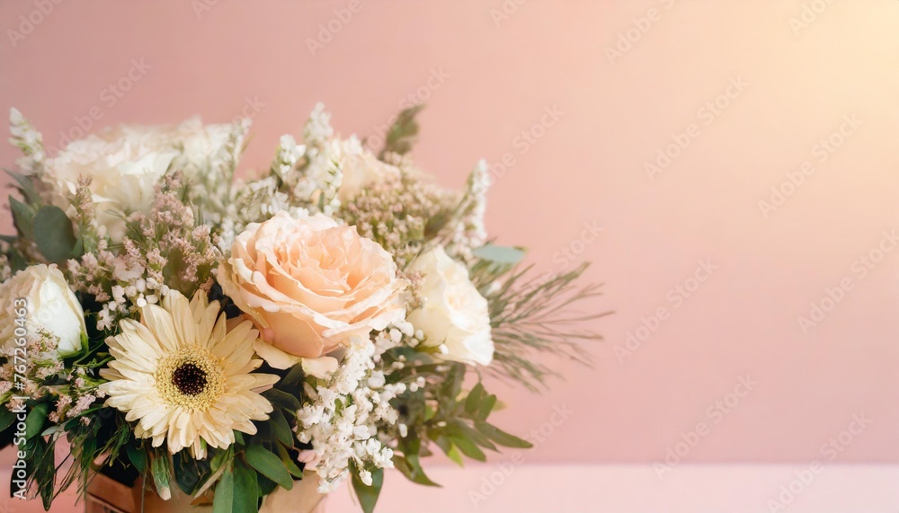 fresh flowers bouquet on a pink background wishes for a marriage blooming with love layout for wedding marriage wishes and celebration background with copy space for text