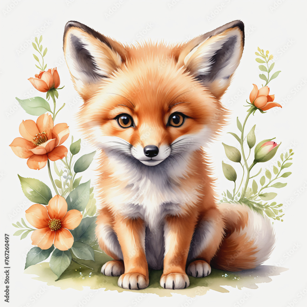 Fototapeta premium Watercolor of fox with flower on white background