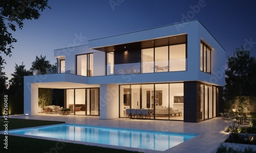 3d rendering of modern white house with swimming pool and terrace © Andrey