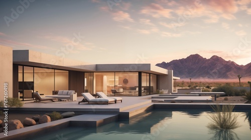 Sleek desert modern dwelling with flat roof stucco walls and oversized windows to take in views. photo