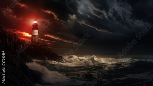 Against the backdrop of a tumultuous ocean, a lighthouse shines brightly, providing a powerful symbol of safety and navigation.