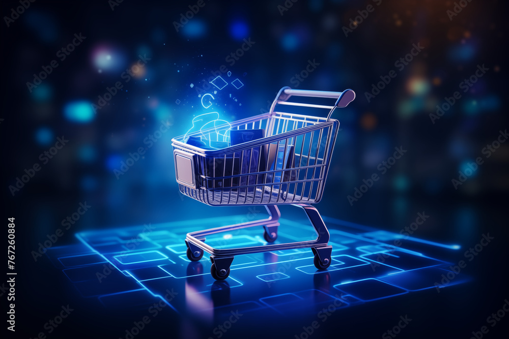 Shopping cart full of boxes on mobile phone and tablet screen, digital shopping concept