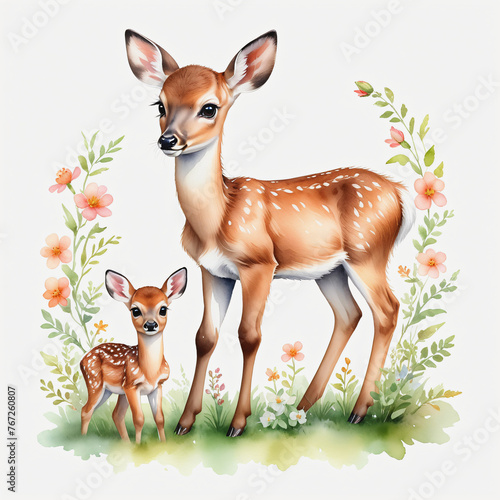 Watercolor of deer with flower on white background