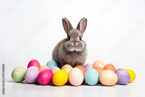 Easter eggs and easter bunny on white background with copy space. Easter background. Top view - generative ai © Nia™