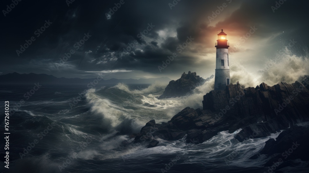 Coastal brilliance against the storm: The radiant presence of a lighthouse, surrounded by stormy waves, paints a vivid picture of nature's power.