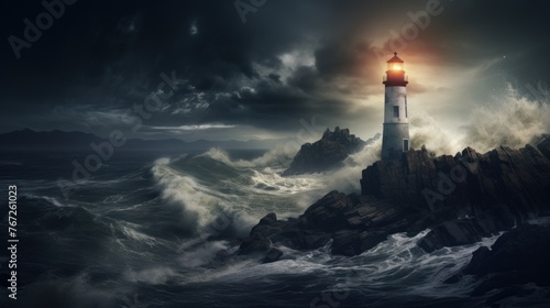 Coastal brilliance against the storm: The radiant presence of a lighthouse, surrounded by stormy waves, paints a vivid picture of nature's power.