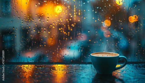 Close-up on coffee, thunder reflection in window, evening calm