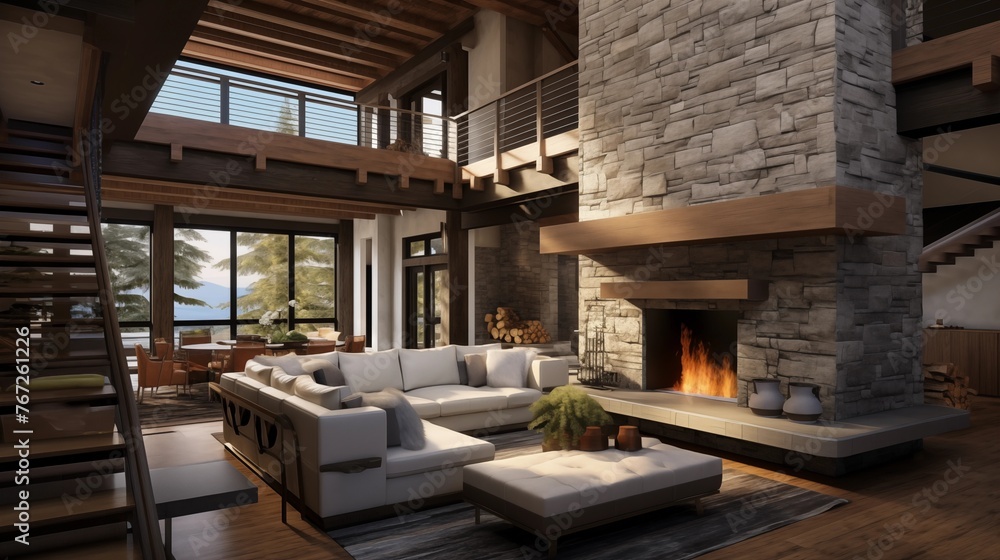Soaring two-story mountain modern fireplace with heavy timber mantel stacked stone and overlooking loft walkway. Soaring two-story mountain modern fireplace with heavy timber mantel stacked stone and overlooking loft walkway.