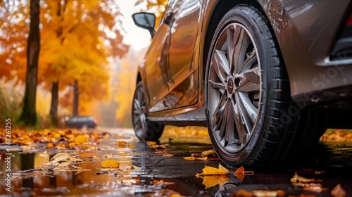 Autumn Spring travel. Concept of driving and driving safety. Close-up side view of car wheels with r