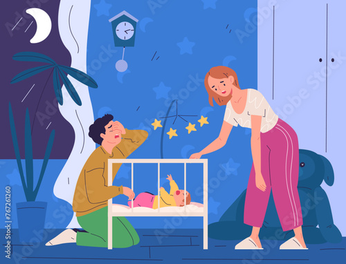 Infants sleeping problems. Sleepy exhausted parents couple and crying newborn baby from colic in night room, tired father mother parental fatigue problem classy vector illustration