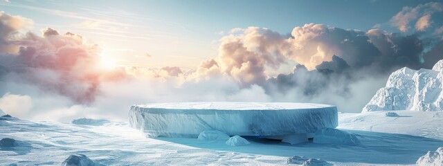 Ice podium background snow winter product platform cold mountain 3D. Podium ice display background cosmetic sky floor blue scene landscape frozen white cool stand pedestal minimal rock glacier nature.