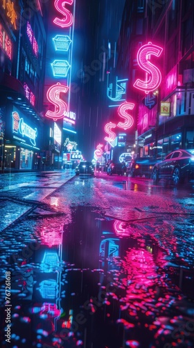 Vivid Neon Reflections on Wet City Streets at Night