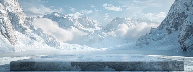 Ice podium background snow winter product platform cold mountain 3D. Podium ice display background cosmetic sky floor blue scene landscape frozen white cool stand pedestal minimal rock glacier nature.