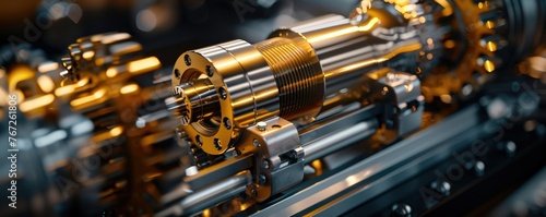 A detailed close-up of a hydraulic cylinder in action, showcasing the piston extending with hydraulic fluid, gears in motion, and valves controlling pressure photo