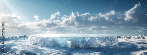Ice podium background snow winter product platform cold mountain 3D. Podium ice display background cosmetic sky floor blue scene landscape frozen white cool stand pedestal minimal rock glacier nature.