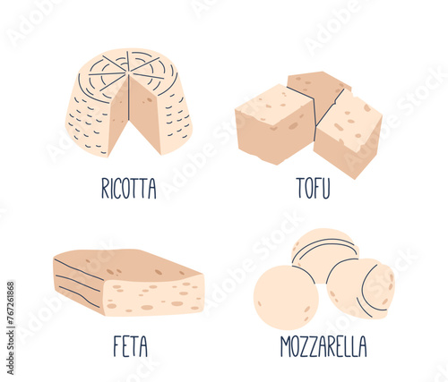 Ricotta, Tofu, Feta And Mozzarella Soft Creamy Cheese Slices. Versatile Dairy Product, Adds Rich Flavor To Dishes