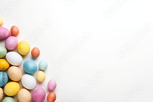 Easter eggs and easter bunny on white background with copy space. Easter background. Top view - generative ai