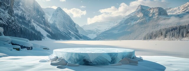 Ice podium background snow winter product platform cold mountain 3D. Podium ice display background cosmetic sky floor blue scene landscape frozen white cool stand pedestal minimal rock glacier nature.