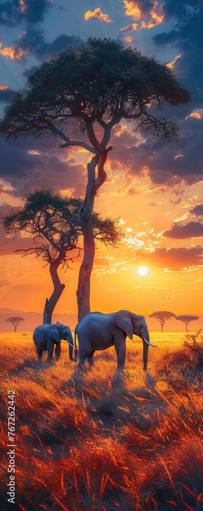 A pair of mighty elephants stand tall in the African savanna, with an emphasis on their tusks as a representation of the ivory trade threat The painting-style image depicts them in a protective 