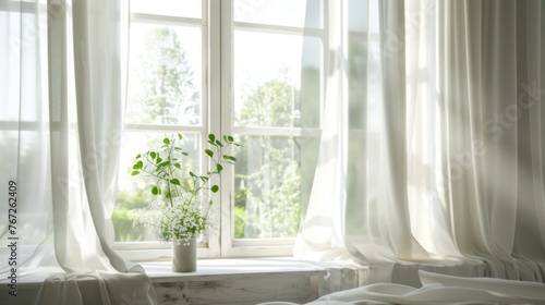 The white curtains gently sway in the breeze  framing the room s window with a delicate flutter.