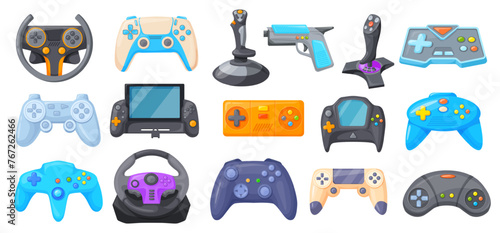 Videogame cartoon controllers. Console game joystick and gamer controller, gaming leisure remote control or wireless gamepad for computer games neat vector illustration