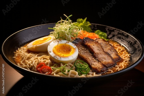 Juicy ramen on a rustic plate against a white background