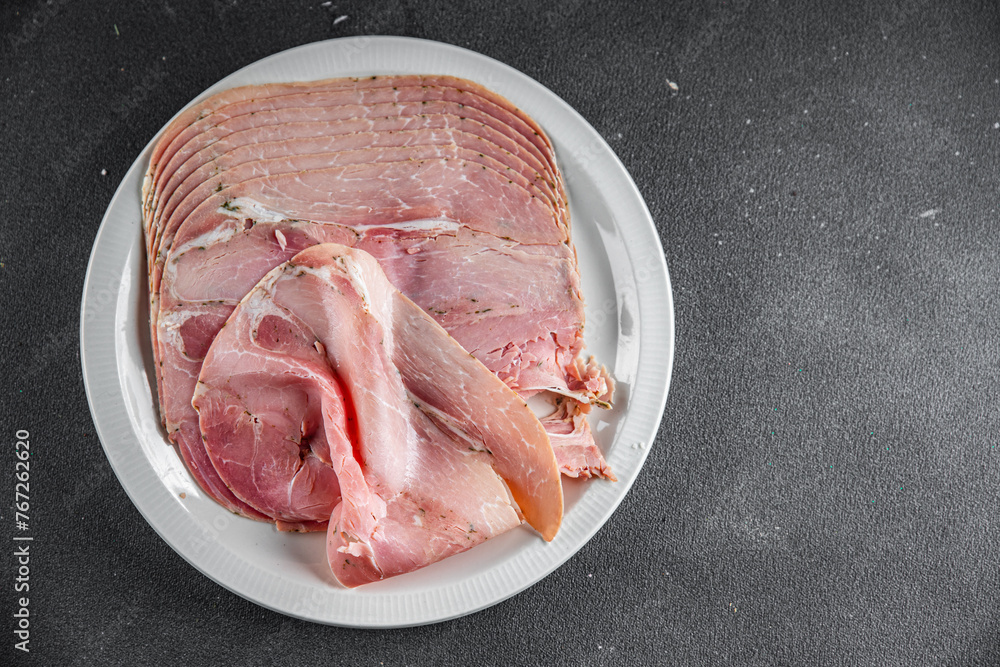 ham slice pork meat eating cooking appetizer meal food snack on the table copy space food background rustic top view ham slice pork meat eating cooking appetizer meal food snack on the table copy space food background rustic top view