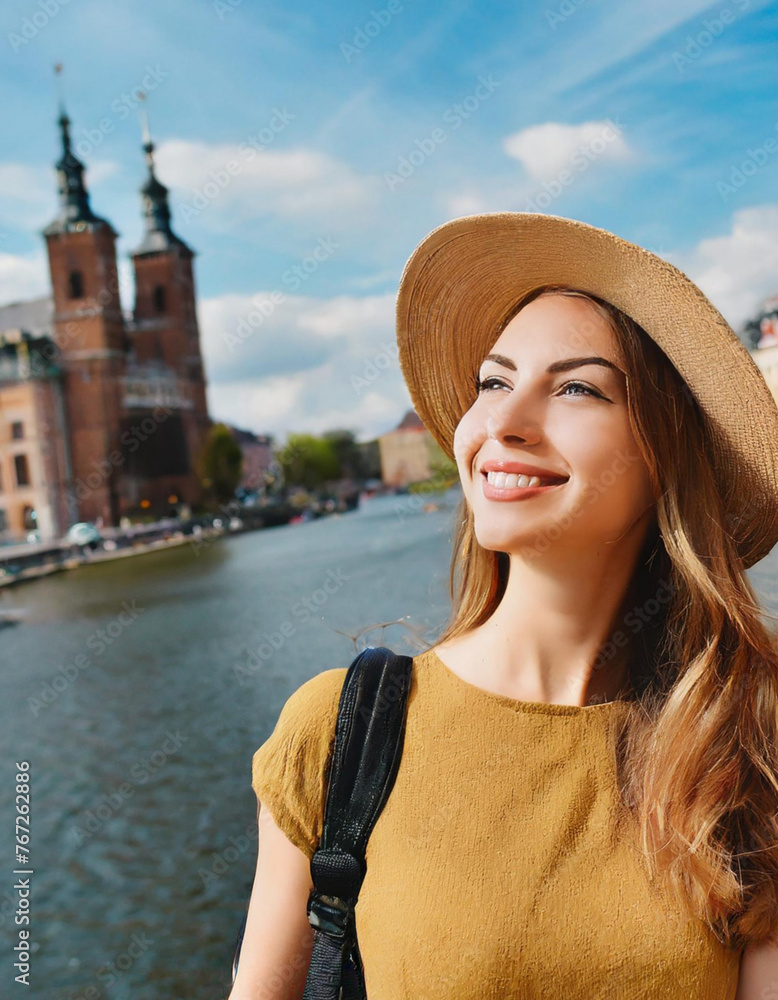 tourism beauty woman caucasian in vacation city center europe background