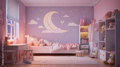 Bright and cozy interior design for a little girl's bedroom, featuring pink tones and modern furniture.