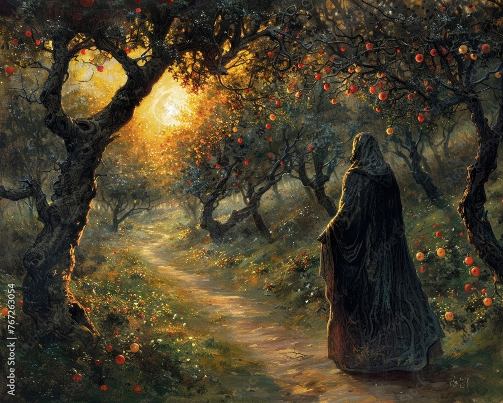 Obraz premium Amidst the whispering trees, the magical fruits of the orchard gleam with an otherworldly aura A captivating scene unfolds as a lone figure, a hooded druid