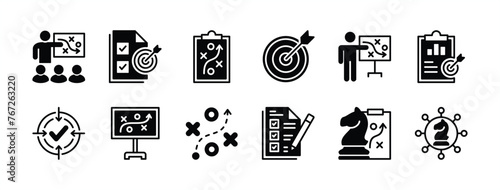 Business management action plan icon set. Containing planning, strategy, analysis, target, goal, tasks, schedule, objective, aim, presentation, teamwork, achievement, meeting. Vector illustration