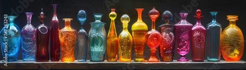 Arranged in a darkened room, each bottle pulsating with its own unique hues and patterns