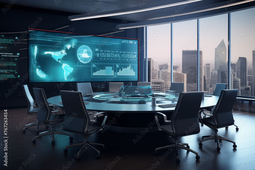 Modern spacious conference room with large table and screen on the wall. On the monitor are business graphics and stats in a modern office Modern spacious conference room with large table and screen on the wall. On the monitor are business graphics and stats in a modern office