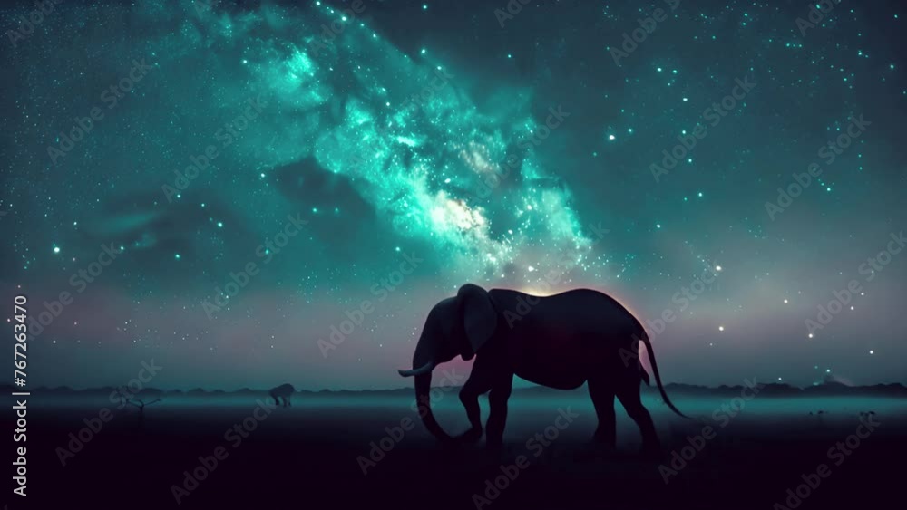 Elephant silhouettes walking in the night,Panorama blue night sky milky way and star on dark background. Elephant expedition. An African elephant walking under the magical stars 4k video beauty Elephant silhouettes walking in the night,Panorama blue night sky milky way and star on dark background. Elephant expedition. An African elephant walking under the magical stars 4k video beauty