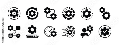 Business process icon set. Containing productivity, workflow, progress, efficiency, operation, timeline, procedure, planning, improvement, maintenance, gear settings, management. Vector illustration